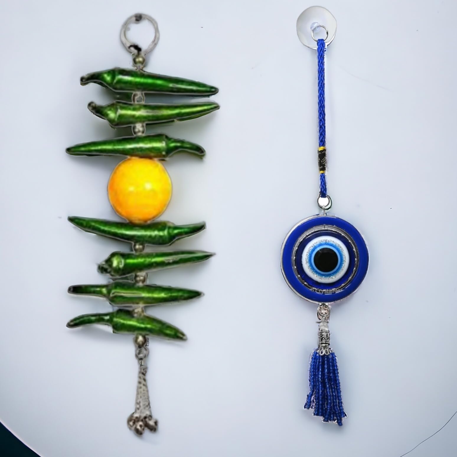 Nimbu Mirch Figurine, Blue Round Ring Pendant Amulet Evil Eye Protection Wall/Door/Window Hanging Handicraft Metal Polyresin 3D Feng Shui Vastu Decorative Showpiece Tassel Ornaments Accessories.