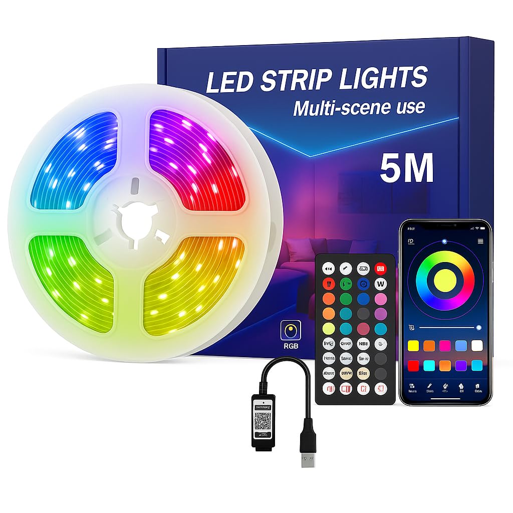 YELLOW YETI Led Strip Light,Led Light Strips with 44-Keys Remote, 5050 RGB Light Strip,12 LEDs/M DIY Cuttable Flexible LED Tape for Bedroom, TV Backlight, Gaming Room, Home Decoration (5M*1)