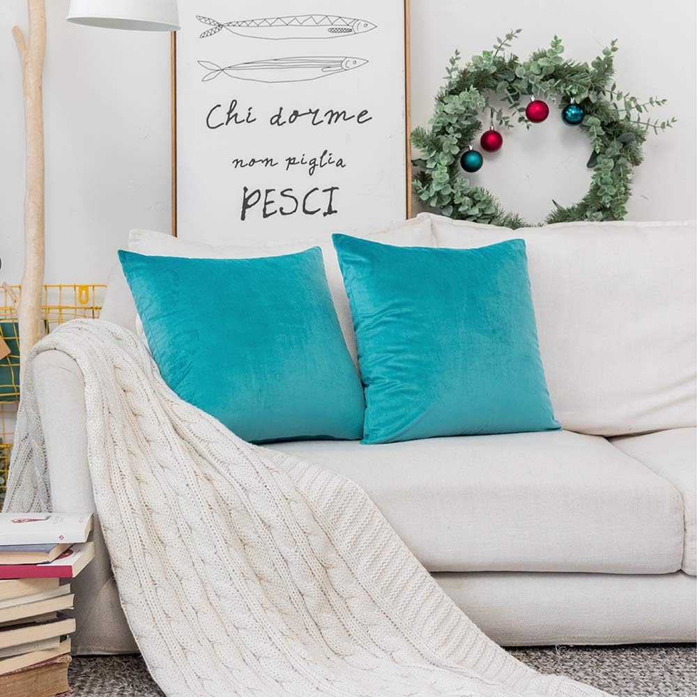 Rythome Set of 2 Comfortable Velvet Throw Pillow Cases Decorative Solid Cushion Covers for Sofa Couch and Bed - 18"x18", Dark Turquoise: Home & Kitchen