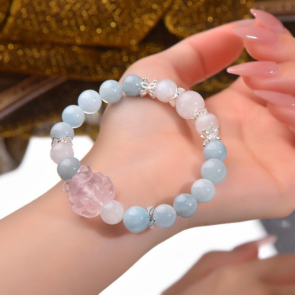 Bracciale con Acquamarina curativa Naturale al Quarzo Rosa, bracciali Elasticizzati con Pietre preziose autentiche per Donne Uomini Unisex, Cristalli di energia Naturale Perline