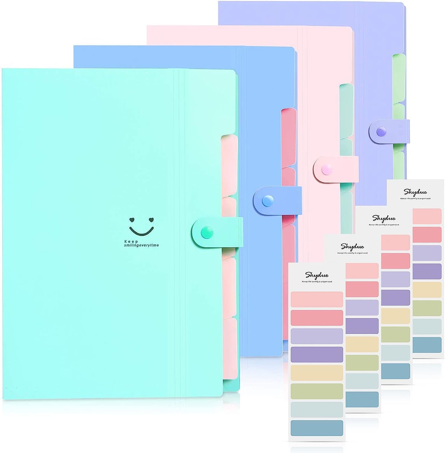 SKYDUE Fächermappe, Dokumententasche A4 Mit Bunten Labeln, Erweiterbar Ordner Mappen Ordnersystem Mit Druckknopf, Dokumentenmappe Für Büro Hause Schulalltag (4 Packungen-2, 5 Tasche)