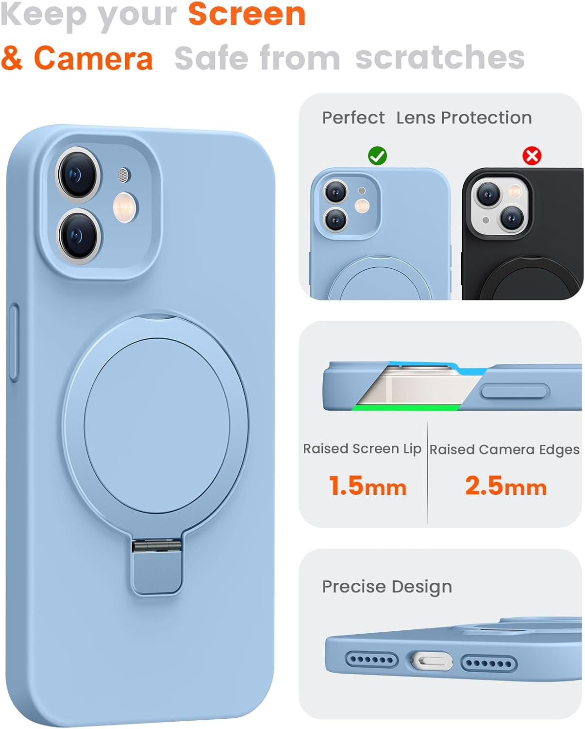 Liquid Silicone Case for iPhone 12 with Magnetic Ring Stand, Upgraded Camera Lens Protection, Mil-Grade Drop Shockproof, Soft Anti-Scratch Microfiber Lining Silicone Case (Azure Blue) - Image 5
