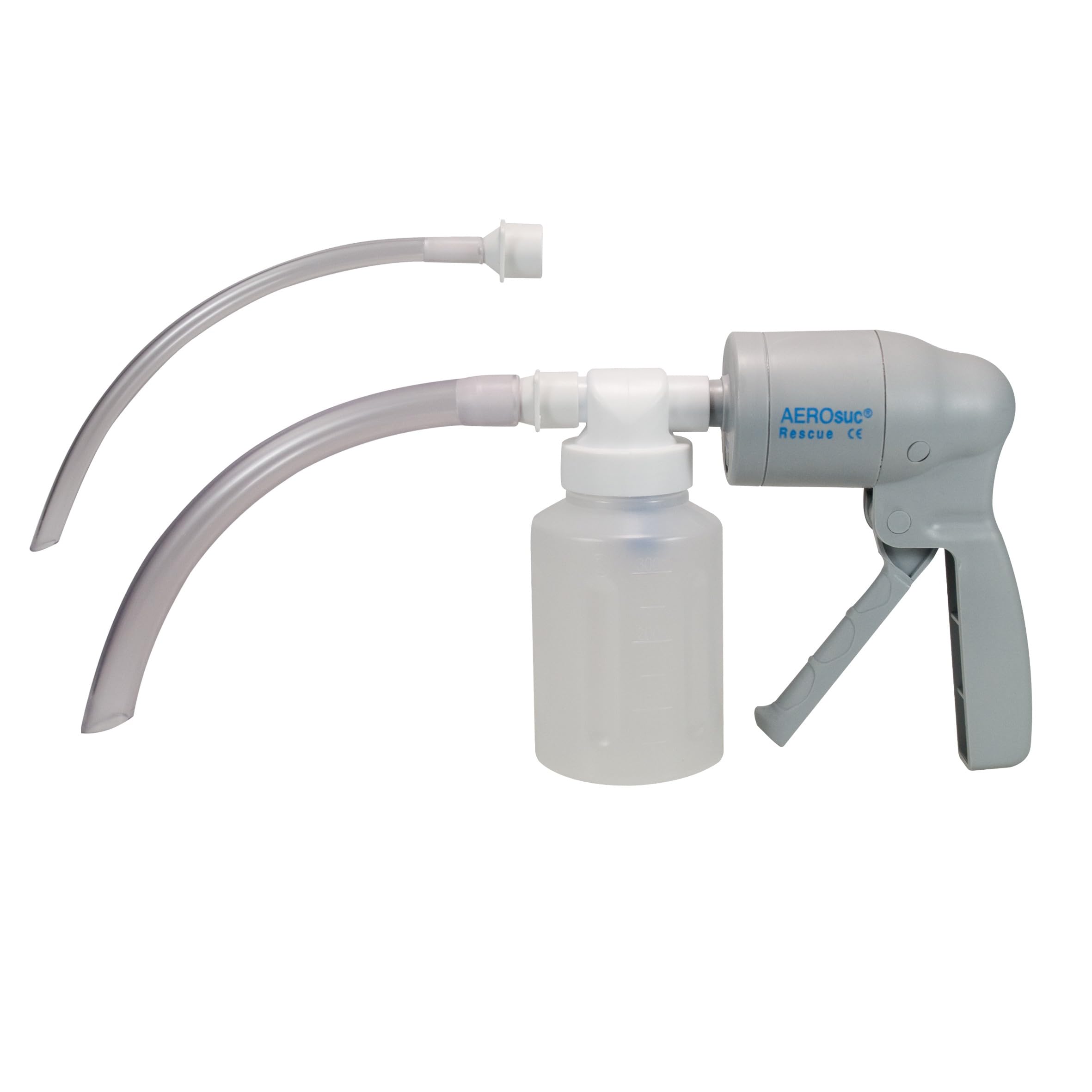AEROsuc Handabsaugpumpe Rescue - tragbare manuelle medizinische Absaugpumpe, stromloser Schleimabsauger mit 300 ml Behälter, 2 Absaugschläuche, Einhandbedienung, bis 0,6 bar/450 mmHg, >20 l/min