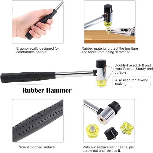 Miniatura 4 de Hilitchi 5 herramientas de tapicería de doble cara martillo de mazo suave con dos cabezales de repuesto, tachuelas decorativas, levantador de clavos