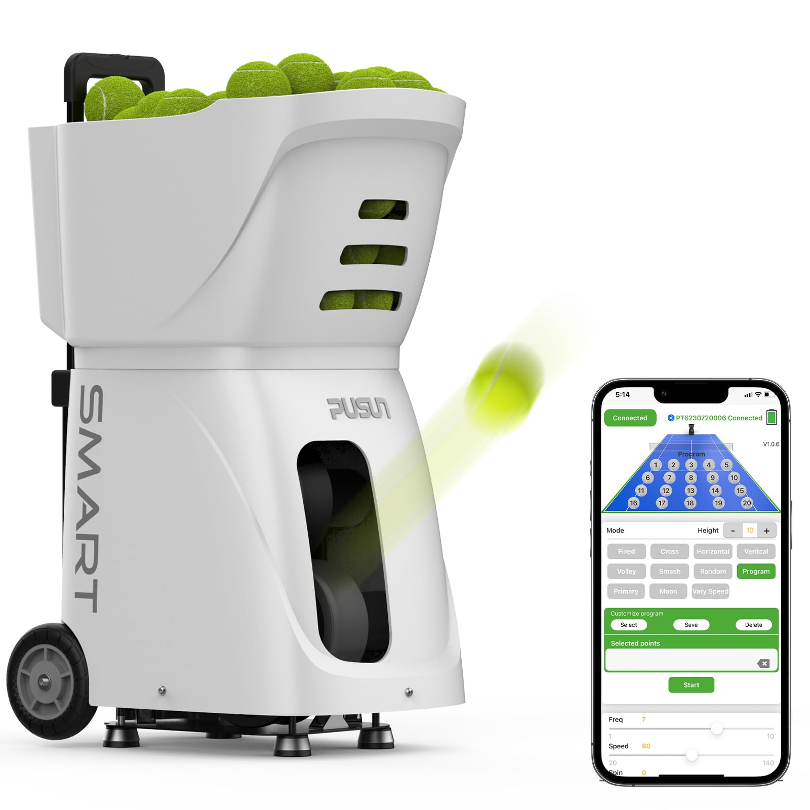 PT-Smart - Macchina per palline da tennis con app, telecomando | Lanciatore elettronico portatile | Batteria 4-6 ore | Oscillazione con Topspin e Backspin | Attrezzatura per allenamento per adulti |