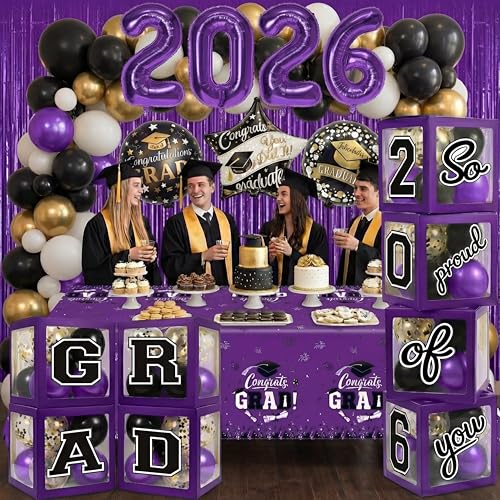 Image of Black and Purple Graduation Decorations Class of 2026 - Graduation Balloon Boxes, Balloon Arch Garland Kit, Party Decorations 2026 for Any Grades