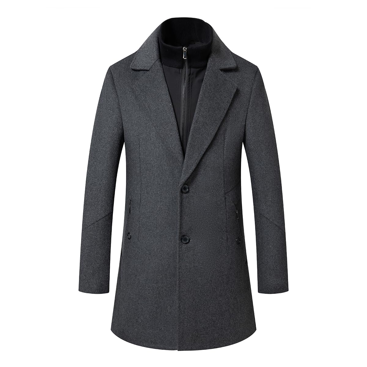 Sliktaa Cappotto di lana da uomo, spesso, lunghezza media, caldo, con protezione antivento rimovibile, colletto interno