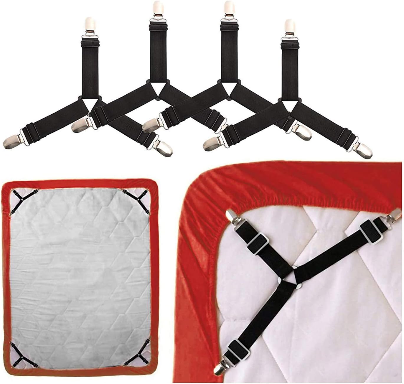 Vatsas Bedsheet Gripper Holder Clips Pack of 4 - Adjustable Long Lasting Elastic Bed Sheet Organizer Suspender Tucker Straps Combo for King Size, Queen Size, Single and Double Beds (Black)