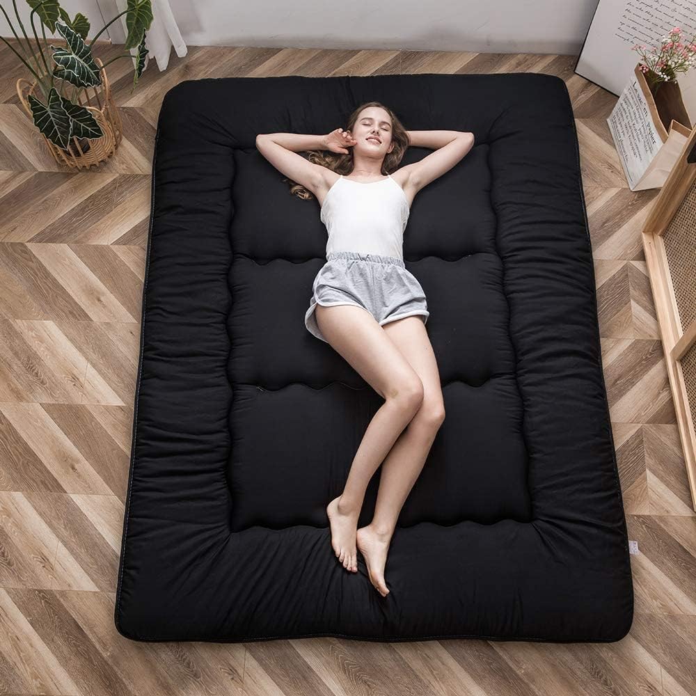 MAXYOYO Japanese Floor Futon Mattress - Thicken Tatami Mat Sleeping Pad, Foldable Roll Up for Boys Girls Dormitory, Kids Floor Lounger Pillow Bed, Black