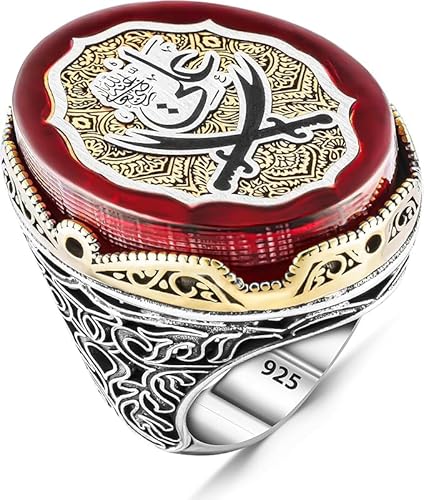 TAKILINGO 925 Sterling Silver Huge Zulfiqar Of Imam Ali On Amber Stone Mens Ring, Huge Double Sword Turkish Arabic Men Turkish Silver Natural Stone Big Ring (Z+3)