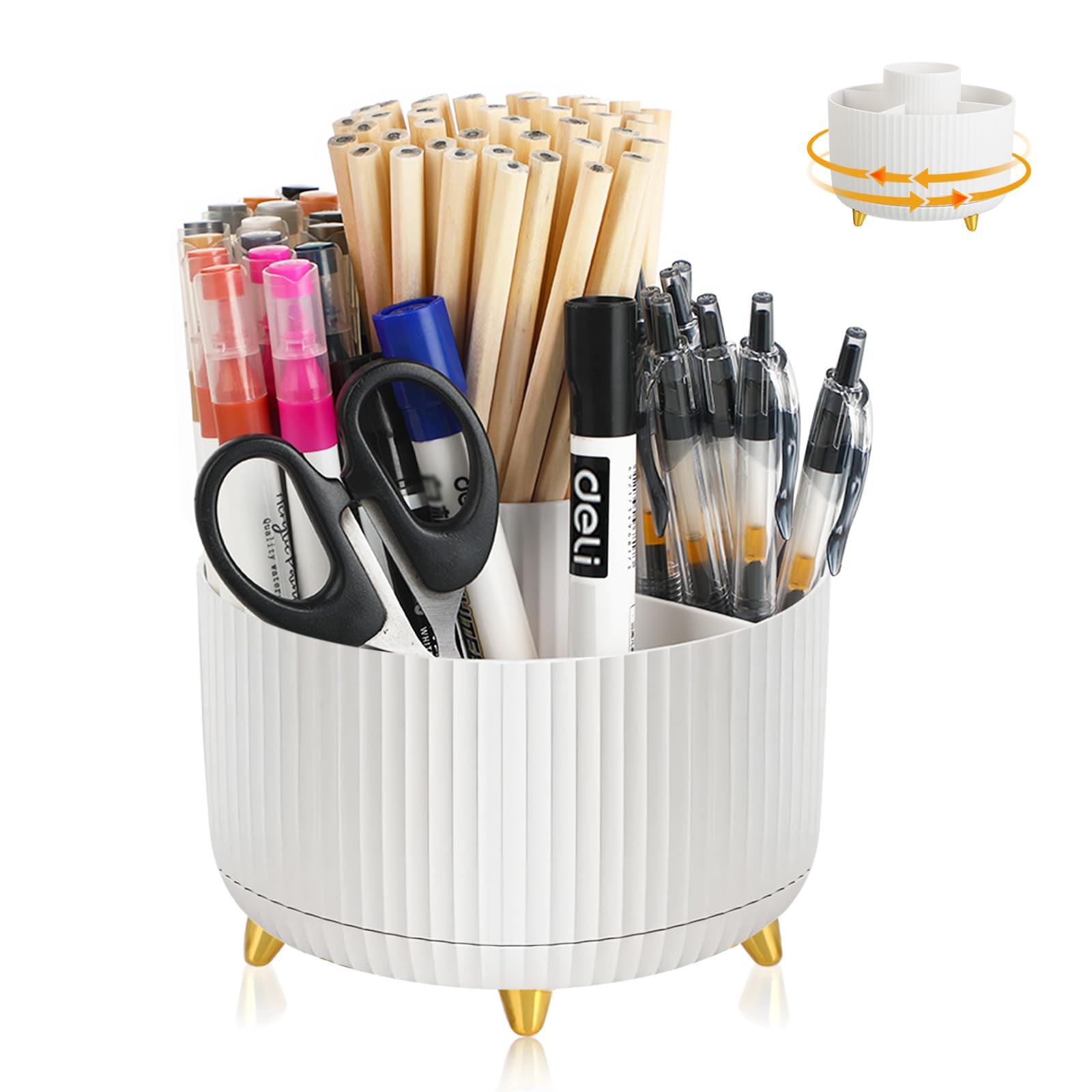 Portalapices Escritorio Giratorio 360° - Organizador Escritorio, Rotación 360°, 5 Compartimentos, Material HIPS+PS, Ideal para Suministros de Oficina, Cosméticos y Herramientas