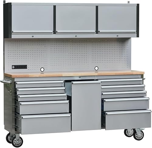 Paquete de 2 cajas de herramientas de acero inoxidable de 72 pulgadas con 15 cajones, gabinete de almacenamiento con cerradura, banco de trabajo