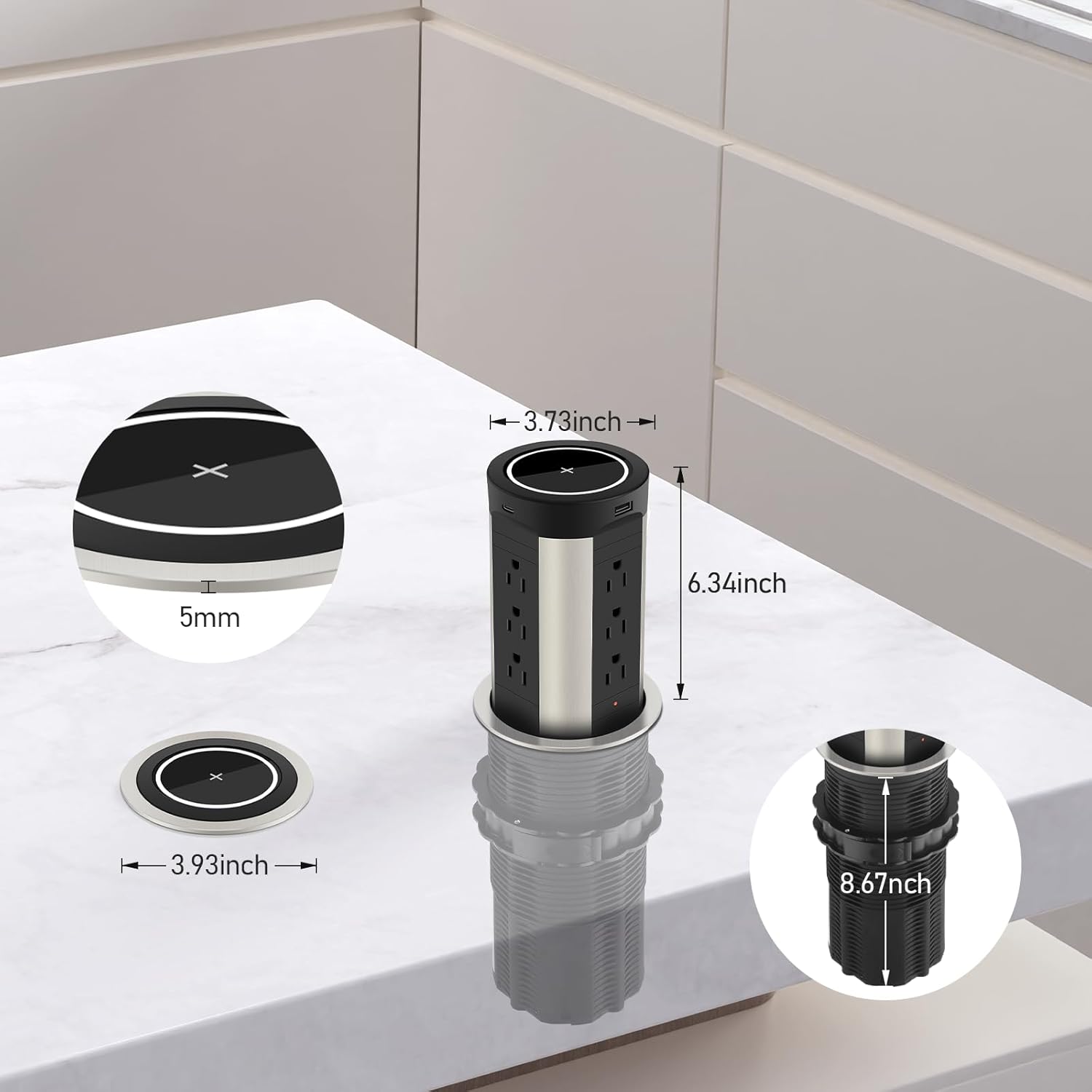 ANNQUAN 4" Pop Up Receptacle Countertop Outlet,75W Power Delivery,Total 90W Pop Up Outlet with 15W Wireless Charger,12 Outlets,4 USB,1200J Black