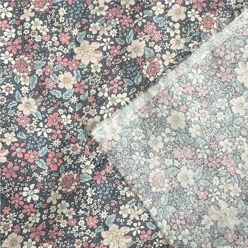Tissu popeline de coton rétro bleu gris de créateur, impression numérique 145cm - 5