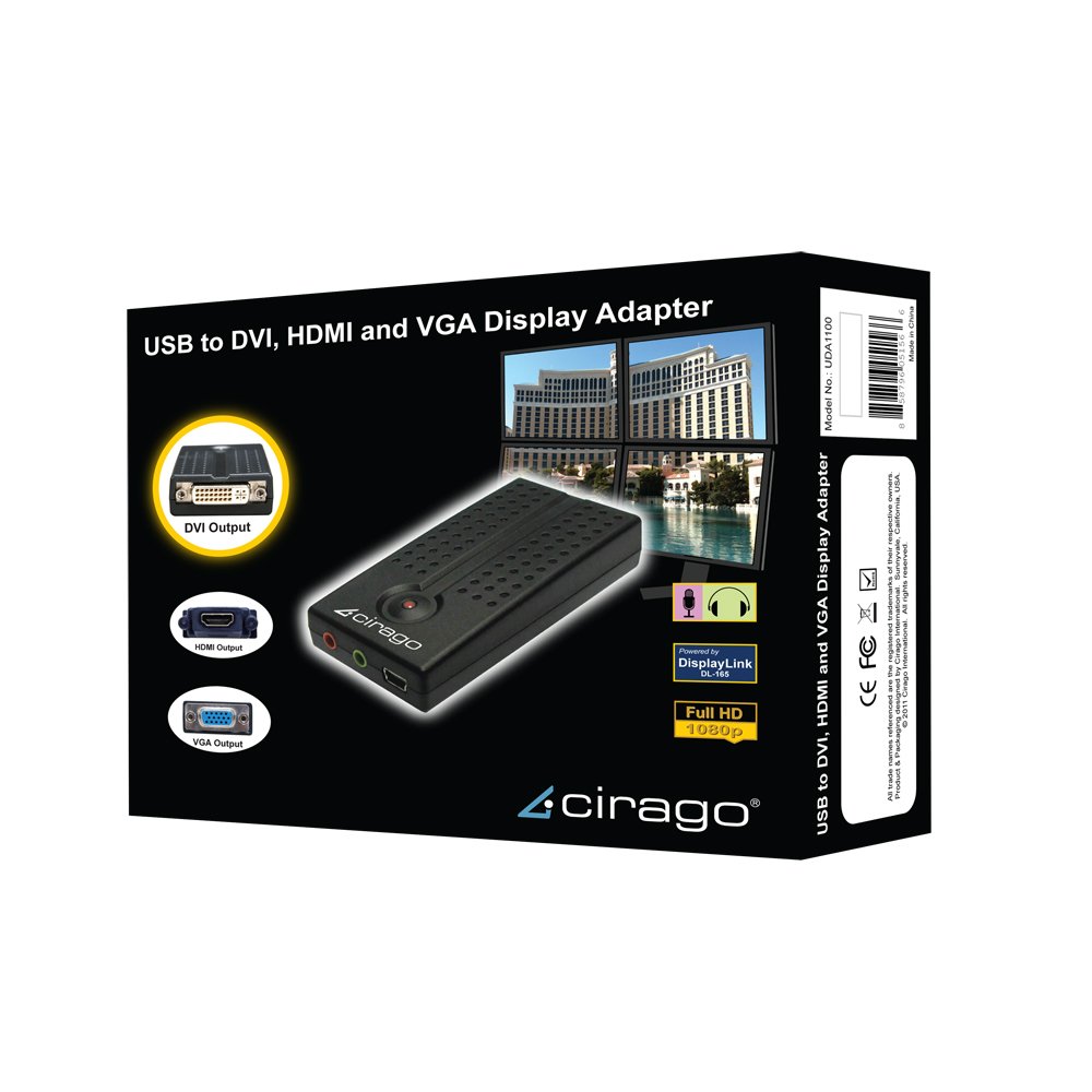 Cirago USB to DVI, HDMI and VGA Display Adapter for Desktop, Mac and Notebook, Black, (UDA1100)