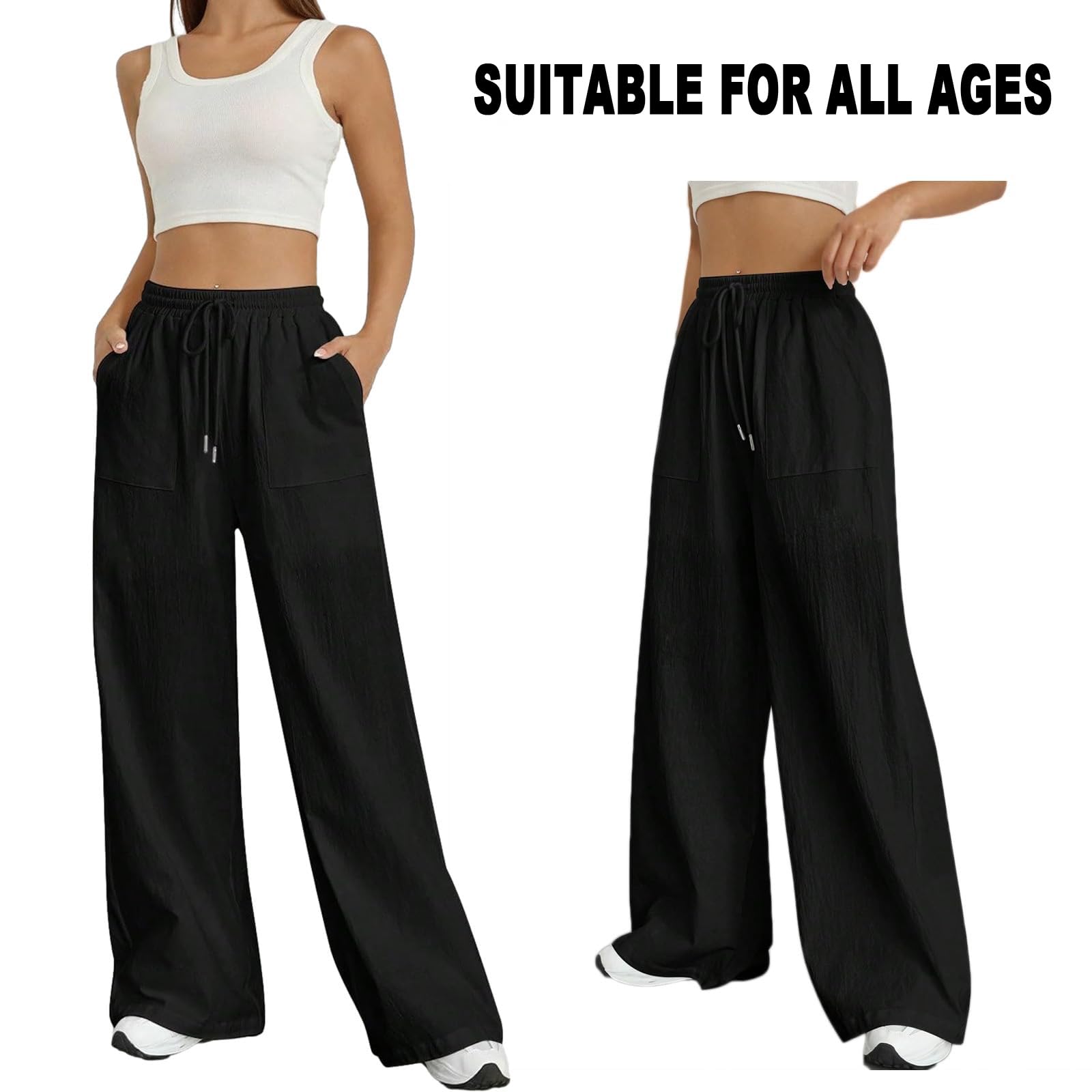 Nuofengkudu Verano Pantalones Mujer Anchos Bolsillos Cordón Ajustable Cintura Alta Ligeros Transpirables Largo Pantalon Pijama Yoga Pants