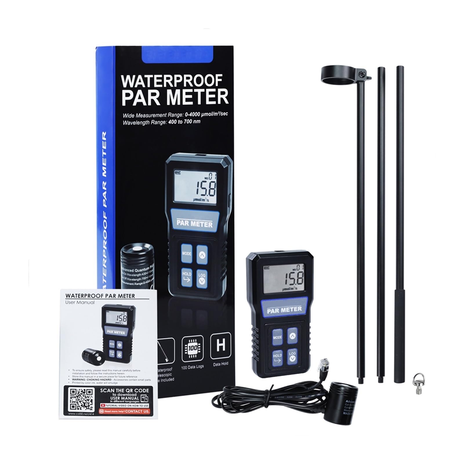 Medidor Digital PAR de Espectro Completo, Sensor cuántico, Actividad fotosintética IP68 for acuarios, arrecifes, Plantas, probador PPFD, Pantalla LCD