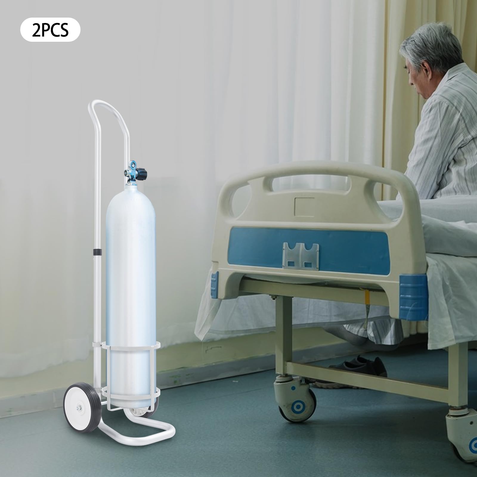 2 PCS Oxygen Cylinder Cart, Portable Rolling Oxygen Tank Cart Dolly with Adjustable Handle and Wheels, Adjustable Height: 35.43-41.34in, MAX Load Capacity: 44Lbs
