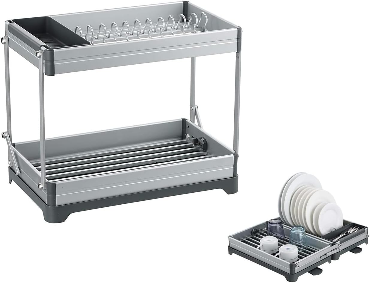 Kitchen 2 Layer Collapsible Dish Rack | Foldable Dish Drying Stand | Stainless Steel Plate Holder with Cup Organizer & Removable Water Tray (1 Pcs)