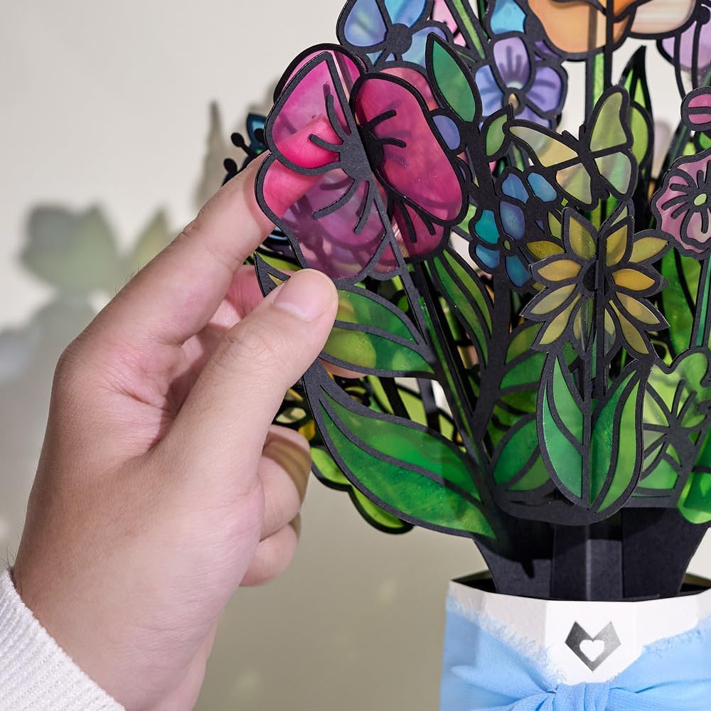 Lovepop Garden Glow Suncatcher Bouquet - 3D Stained Glass Flower Bouquet for Her, Wife, Mom, Girlfriend (Anniversary, Birthday, Mother's Day, Thank You) 12" - Blank Notecard & Envelope Included