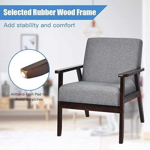 Miniatura 7 de SIMOE Silla decorativa de tela retro, diseño moderno de mediados de siglo, hecha de madera maciza dura, tapizada de lino para sala de estar, 1,