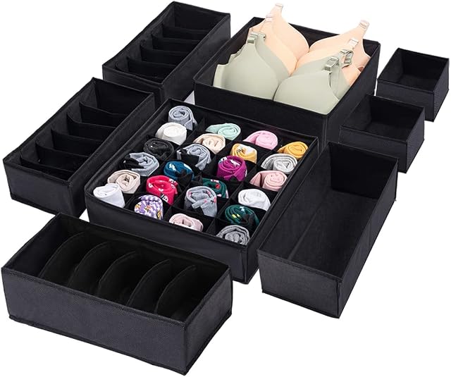 EvanceDirect 8 Pack Clothes Drawer Organiser Divider, Fabric Storage Box, Foldable Wardrobe Organiser, Drawer Divider Boxes for Underwear Bra Socks (Black)
