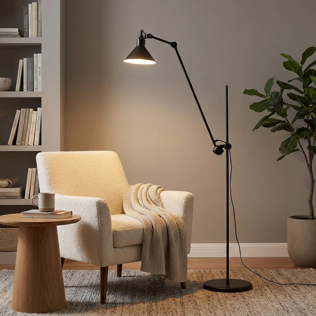 Barcelona LED Candeeiro de Pé Articulado RUBY 215 E27 Preto – Candeeiro Industrial de Chão 360° Ajustável, Base Estável 9 kg, Design Loft para Sala Escritório Estúdio (Lâmpada Não Incluída)