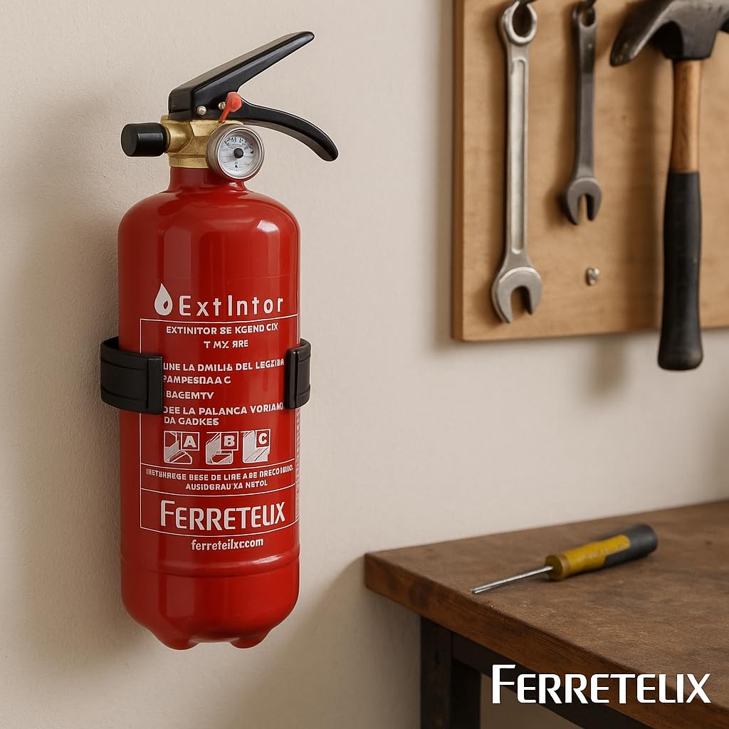 FERRETELIX® Extintor 2 Kg ABC (Eficacia 8A 34B C) + Soporte + Cartel Fotoluminiscente 21x30 cm – Homologado – Fabricado en España – Año 2026