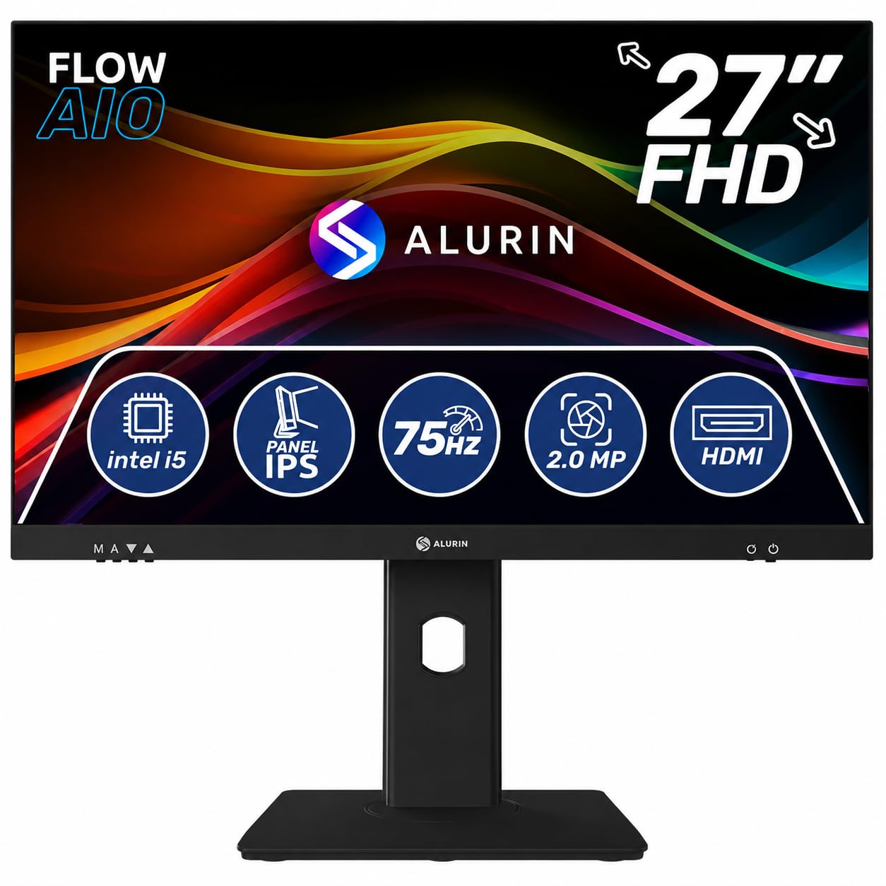 Alurin Flow PC All in One, Intel Core i5-12400, 16GB RAM DDR4, 1TB SSD, 27” Full HD IPS 75Hz, Altura Regulable, USB-C, HDMI, Diseño Todo en uno para Trabajo y Entretenimiento
