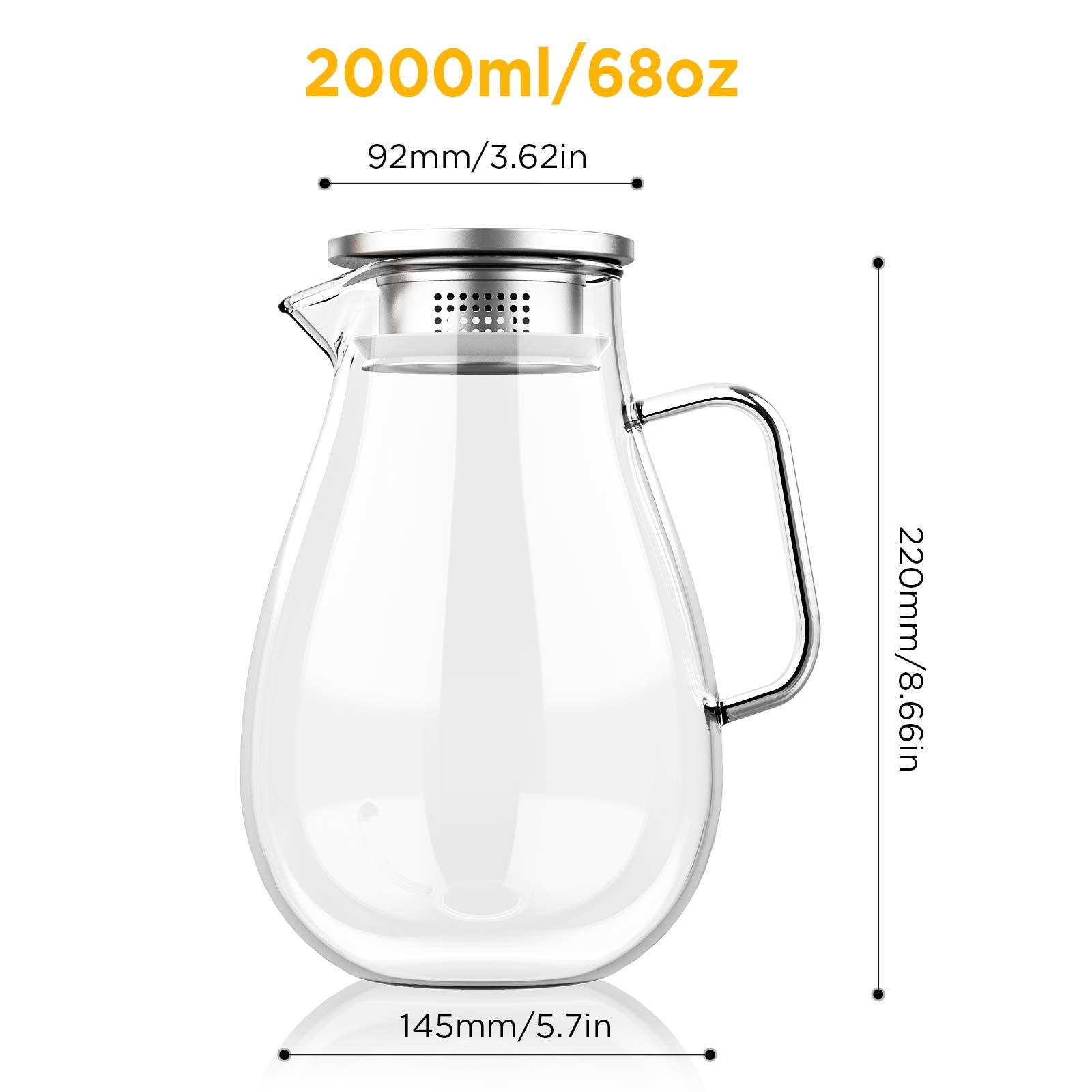 Brocca di Vetro 2 Litros Brocca 2000ml Caraffe da Tavola Brocche con Filtro e Coperchio di Coccio Acqua Ghiacciata Vino Caffè Latte Tè Bottiglia di Succo con Bastoncino e Pennello