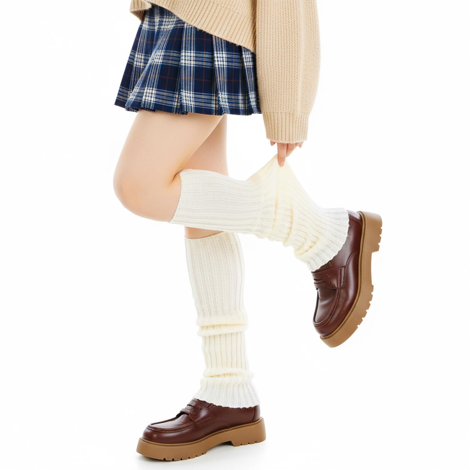 Ouligay Cream Leg Warmers for Women Soft Knit Leg Warmers 80s Ribbed Legwarmers Cute Ruffle Long Boot Socks