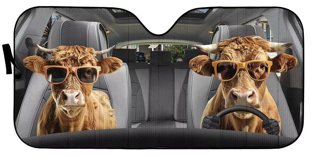 Personalized Cow Driving Car Front Window Sun Visor - 57x27.5 Inches Foldable Front Windshield Sun Shade Blocks UV Rays Keep Your Vehicle Cool Fit Most Cars SUV Trucks