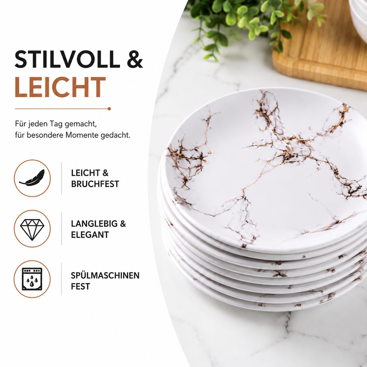 Royal Swiss Melamin Geschirrset 34-teilig für 6 Personen, Weißes Marmor Design, Bruchfest Leicht Stapelbar, Spülmaschinengeeignet, Campinggeschirr für Zuhause Garten Picknick