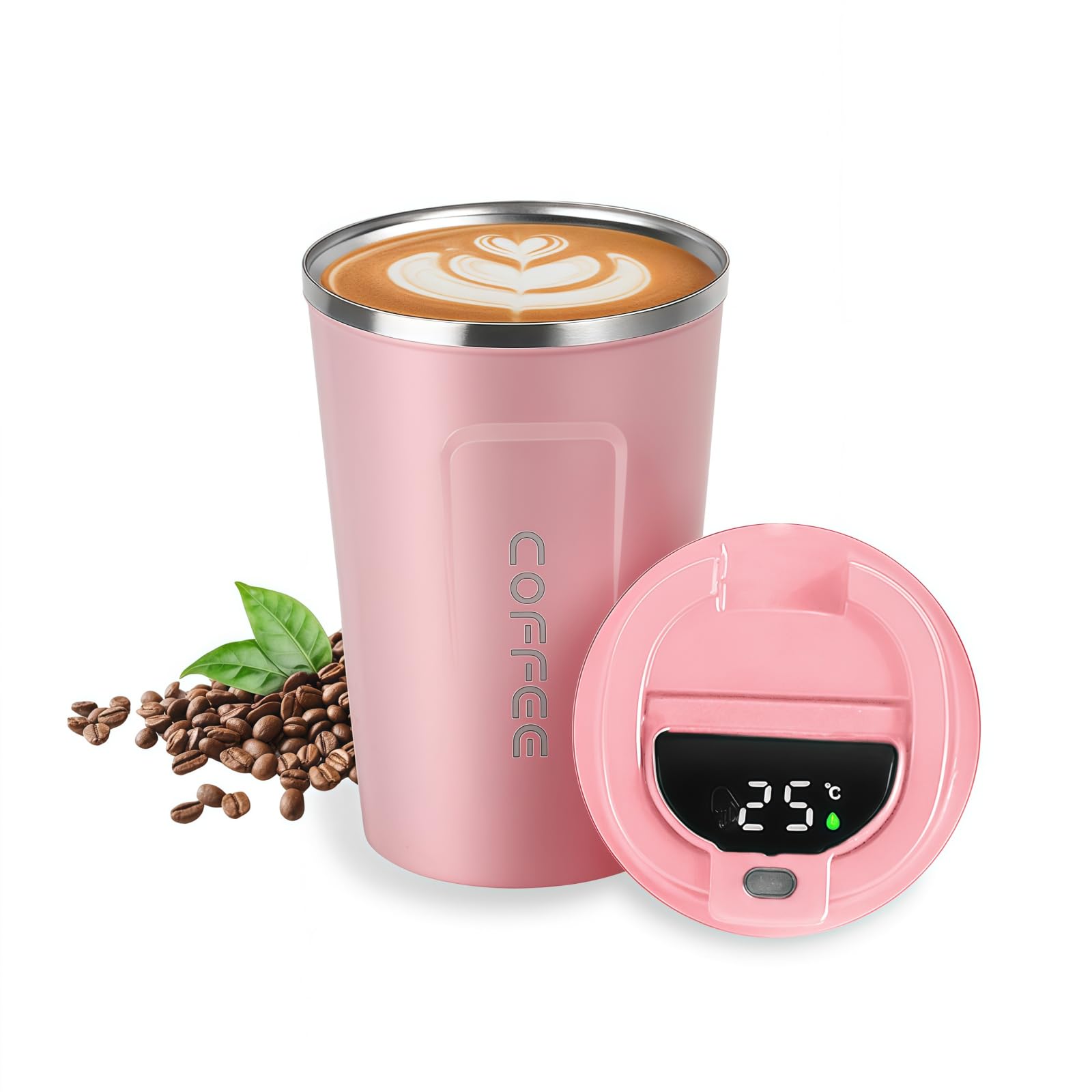 AMFUN Insulated Travel Mug, 380ml Led Temperature Display, Reusable Leakproof, Stainless Steel Coffee Mug for Hot & Cold Drinks (Pink)