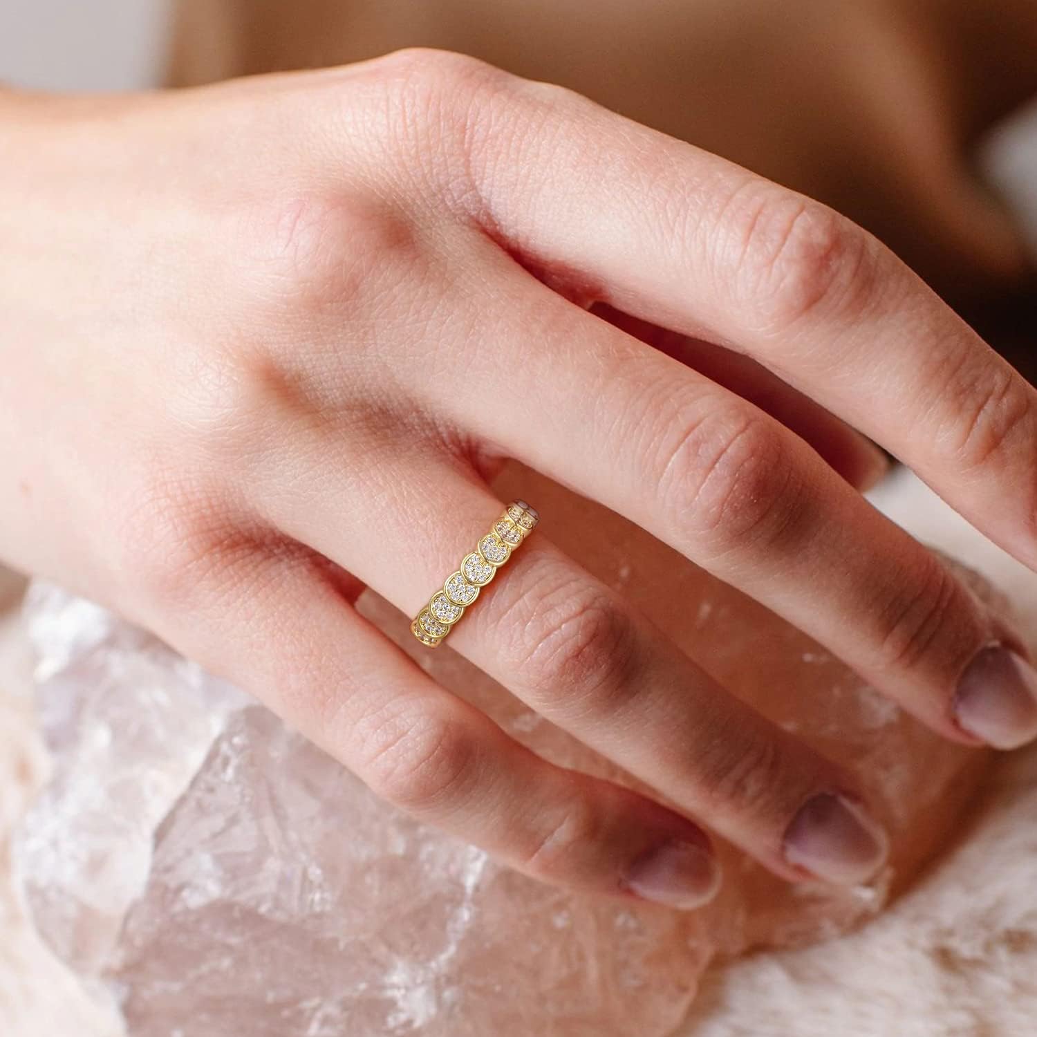 SHINYSO 14K Gold Plated Wedding Bands for Women Cubic Zirconia Round Eternity Engagement Promise Rings for Her Size 4-10 - Image 4