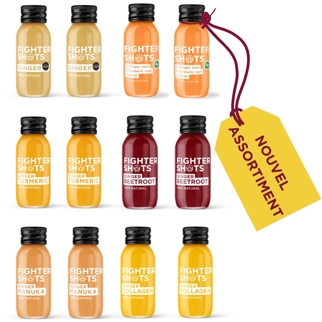 Fighter Shots Pack mixte de 6 saveurs (12x60ml) | 2 Gingembre / 2 Curcuma / 2 Collagène / 2 Betterave / 2 Manuka / 2 Curcuma Végan | 100% Naturel | Sans Conservateurs