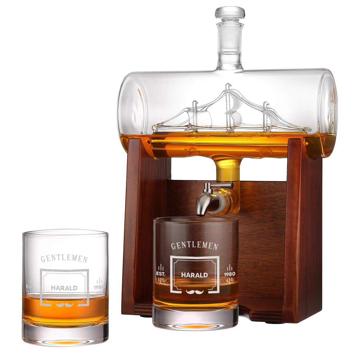 Geschenkset Whiskey mit 2 personalisierte Whiskygläser 320ml, Geschenk für Männer, 1000ml Whiskey-Dekanter luftdicht mit Holzständer und Edelstahlhahn, optimal für Whisky Gin Scotch Cognac