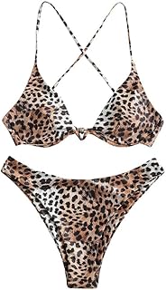 Costume da bagno/bikini da donna a due pezzi con ferretto, motivo leopardato, incrociato, push-up, a vita alta