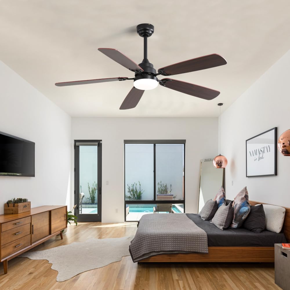 52 Inch Classics Ceiling Fan with Led Light 6 Speed Wind 5 Blades Remote Control DC Motor For Indoor (Matte Black + MDF)