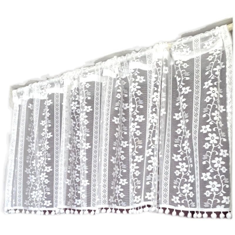 Visillo floral con pompones y tejido rústico transparente de 45x150 cm 5