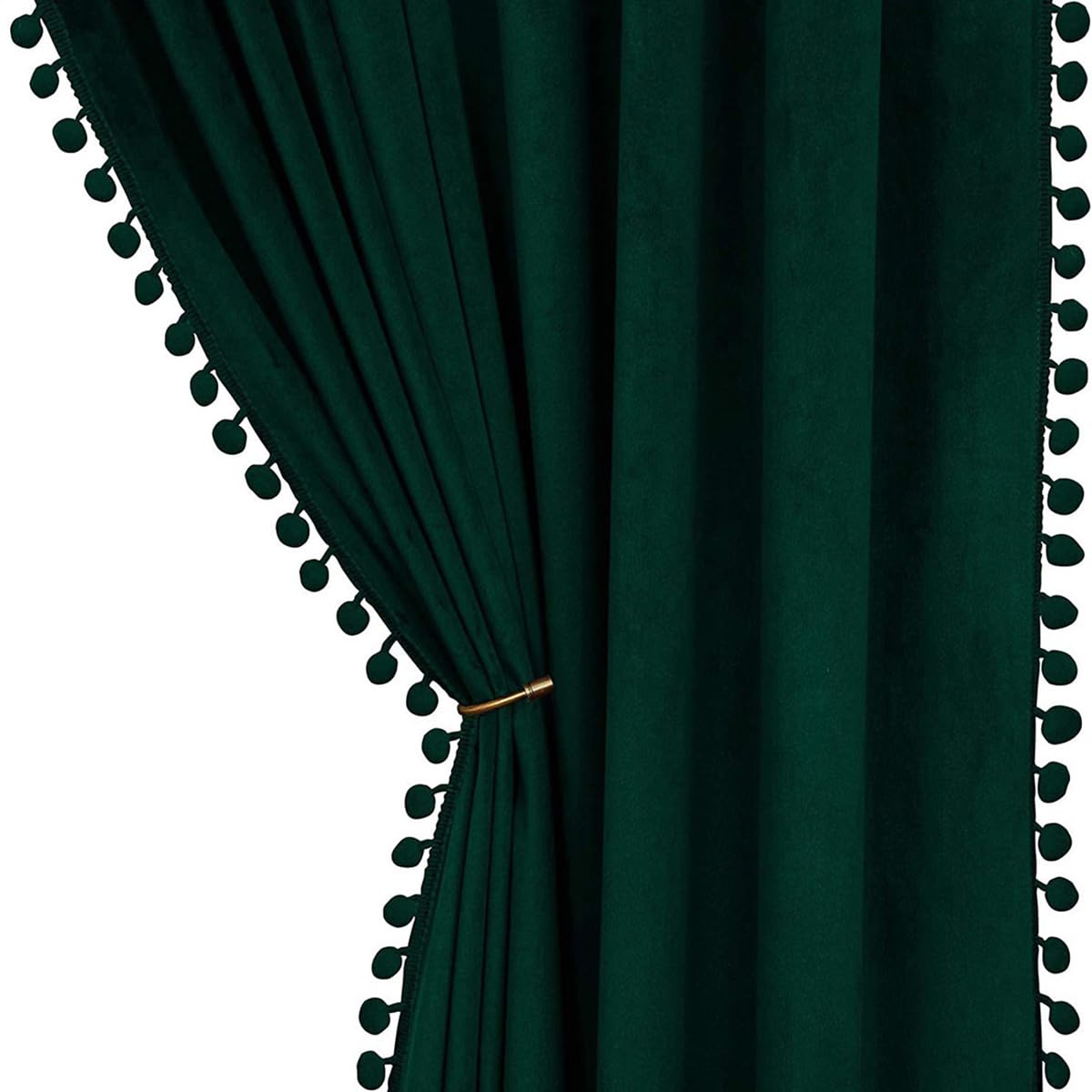 Rideaux velours vert haut de gamme 165x140 | Paire de rideaux occultants finitions pompons