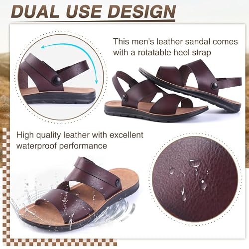 Leather Sandals For Men Slides With Arch Support Slip On Lightweight Casual Summer Comfort Durable Microfiber Leather Athletic Beach #TOP1