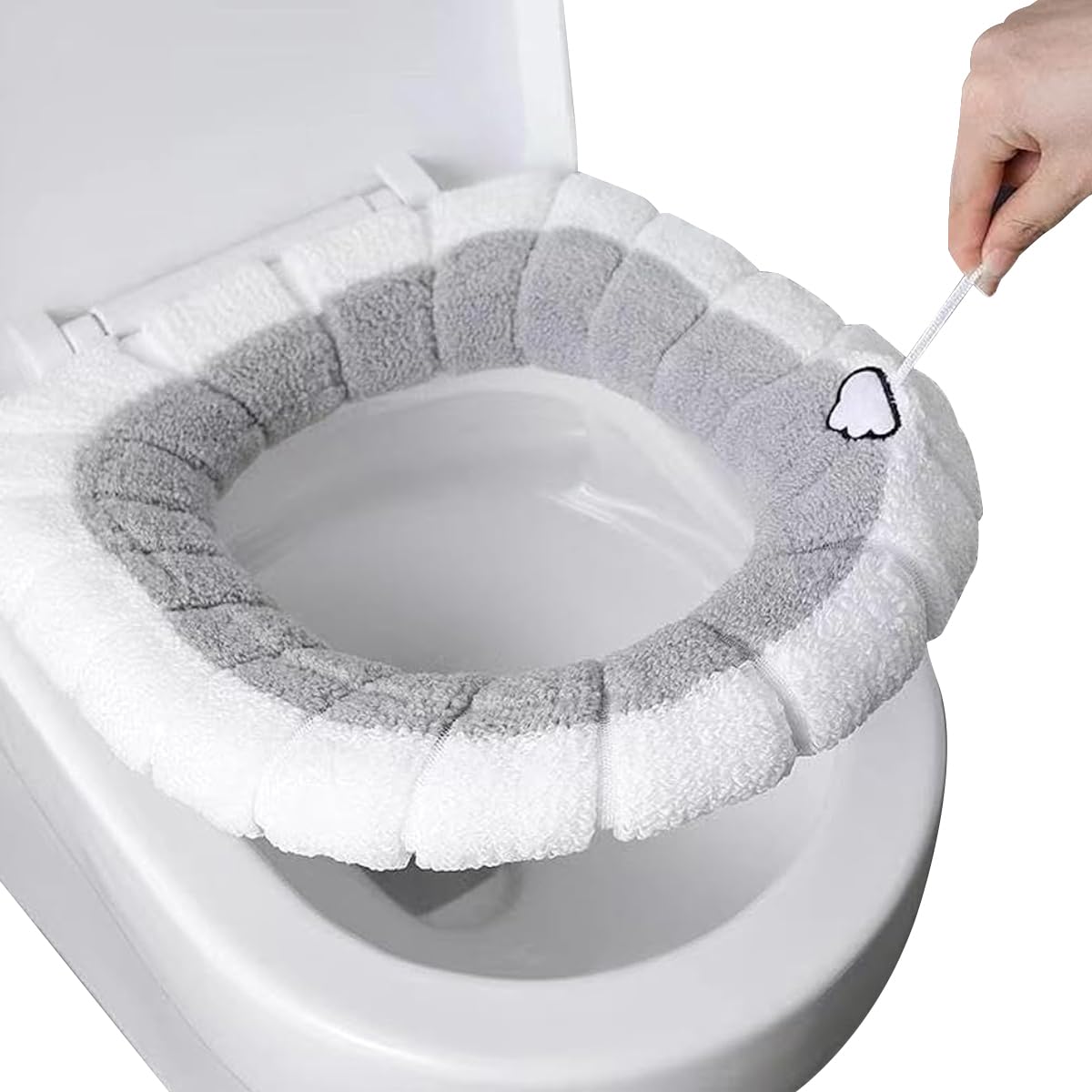 HASTHIP® Soft Plush Winter Toilet Seat Cover with Elastic Edge & Loop, Cute Grey and White Acrylic Fiber Bathroom Seat Warmer for Comfort & Warmth, Universal Fit, Easy to Install & Wash, 1 Piece-image-13