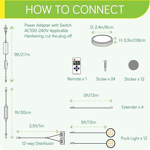 Miniatura 2 de Vitrinas luminarias, pequeña iluminación LED redonda debajo del gabinete, cableado duro de 120 voltios y enchufe de pared, regulable remoto,