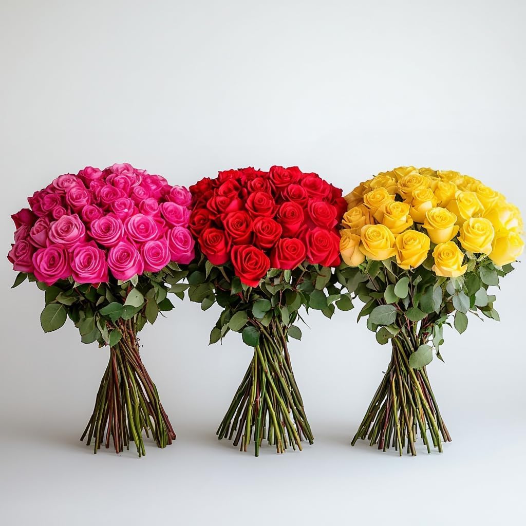 GlobalRose Fresh Cut Assorted Roses - 75 Roses (3 Bundles of 25) Fresh Bouquet for Birthday