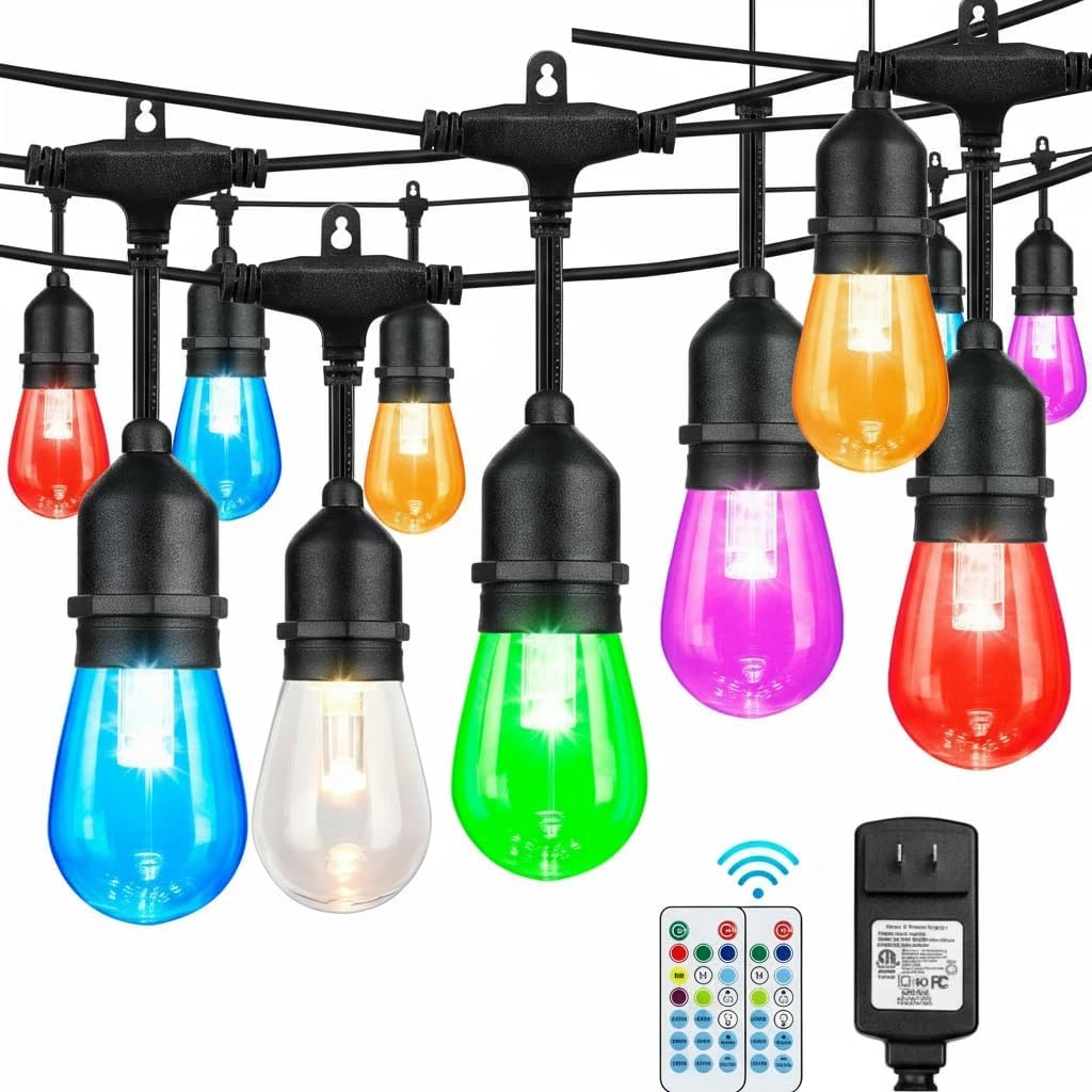Auroraworld 96FT RGB Outdoor String Lights, Dimmable Color Changing Waterproof LED Patio Lights with Remote, 30 Shatterproof Bulbs for Garden Yard Party Decor