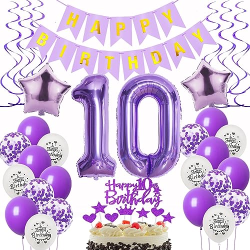 Decoración 10 cumpleaños niña morada,Decoración cumpleaños 10 años niña globos 10 cumpleaños morada,Globo foil Decoración 10 cumpleaños morada Decoración de tarta Decoración 10 cumpleaños niña
