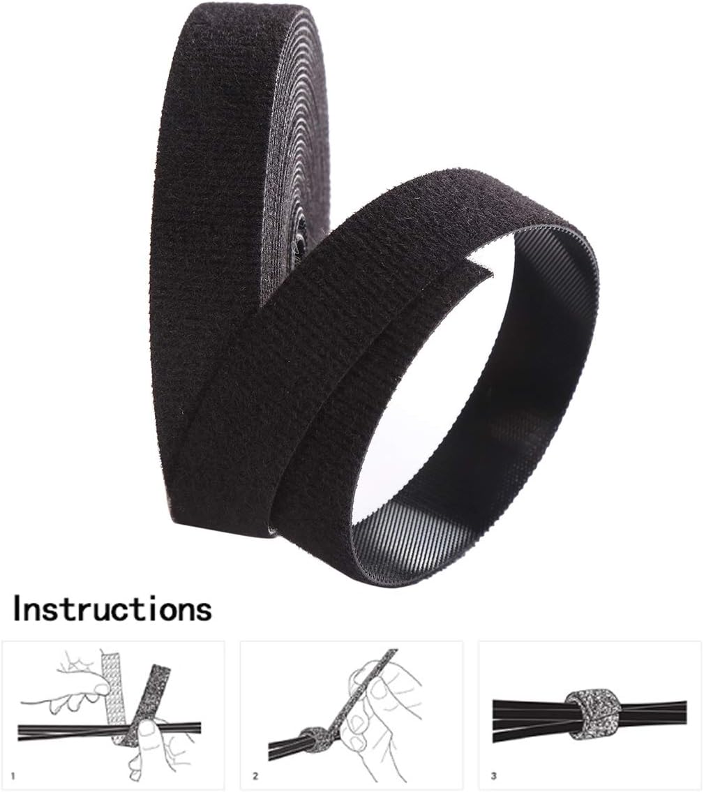 Reusable Fastening Tape Cable Ties Roll 3/5 Inch Double Side Hook Roll Hook and Loop Cord Management Wire Organizer Straps Black 12.6 Yard