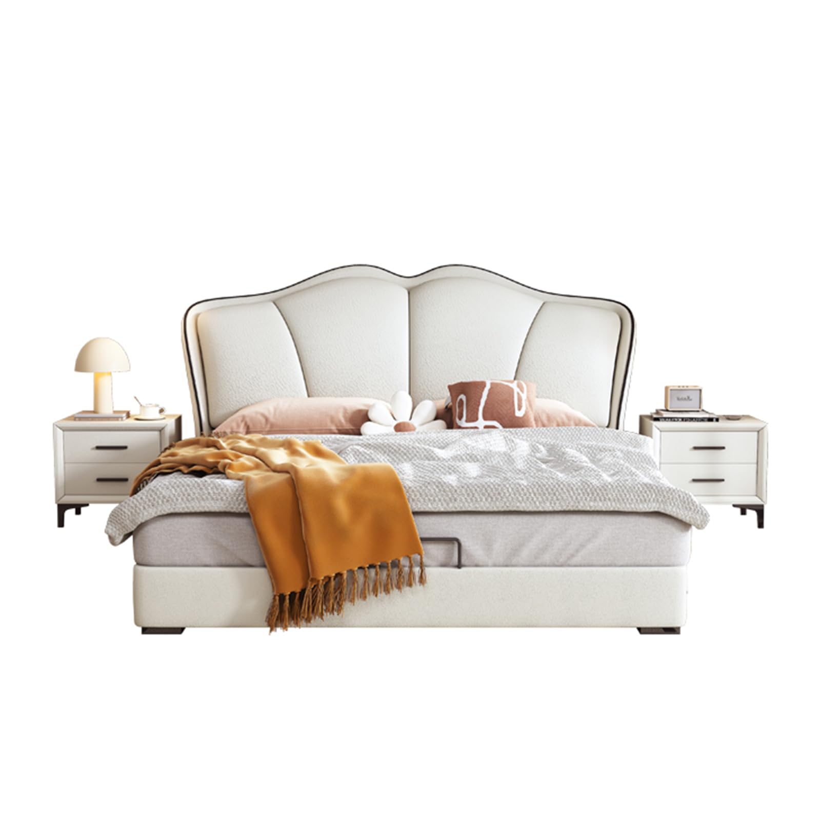 King Size Genuine Leather Wood Bed Upholstered Platform Bed Frame with Wingback Headboard and Storage Drawers Wooden Slats