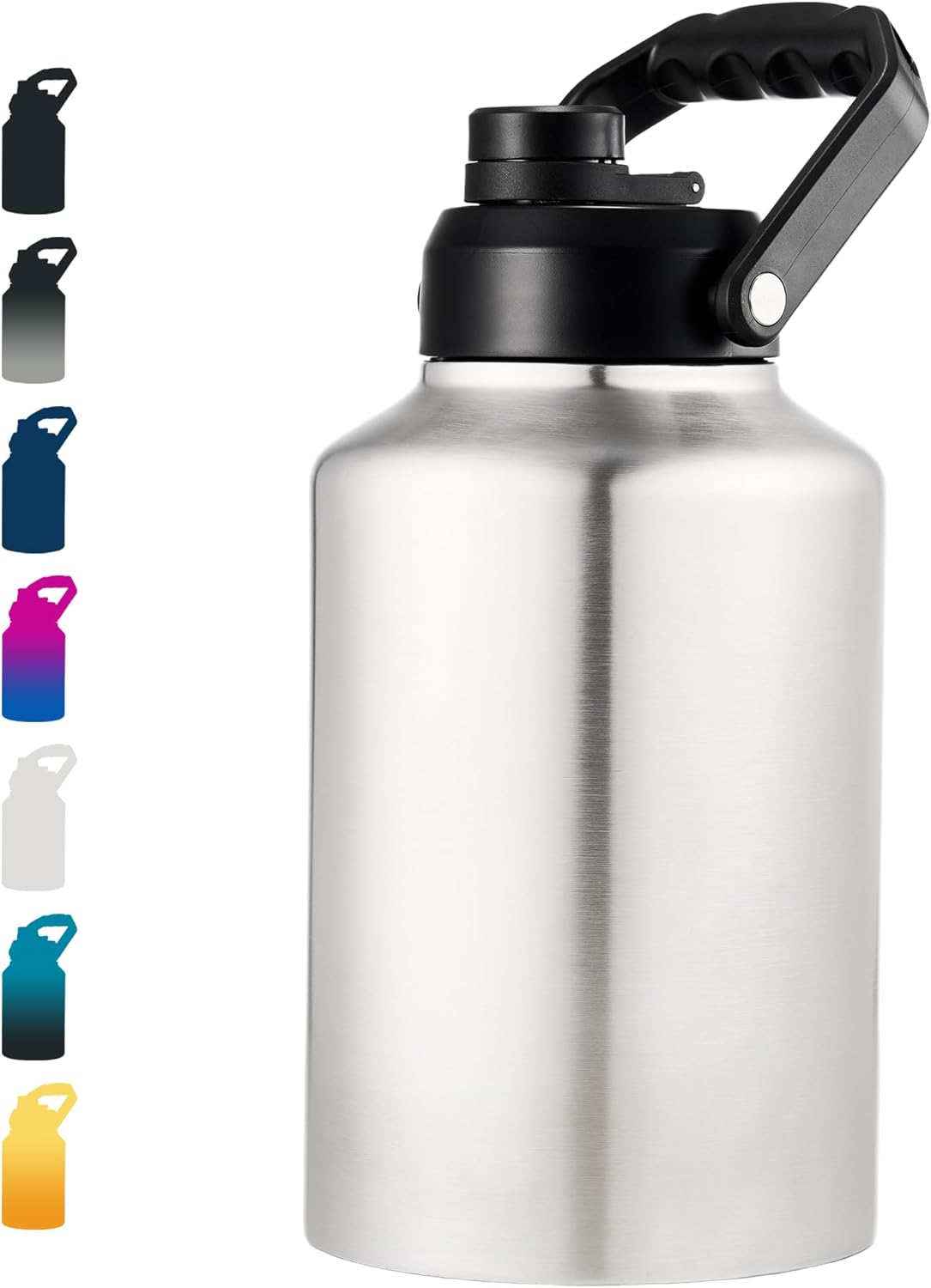 Insulated Gallon Jug, Large 128oz Stainless Steel Insulated Water Bottles with Handle, Leak proof, Double-Wall Vacuum Insulation for Construction Sites, Camping and Hiking, Stainless steel
